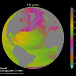A computer generated model simulating the movement of the water and sea level across ocean currents