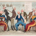 Coloured etching cartoon showing phrenologists examining military personnel