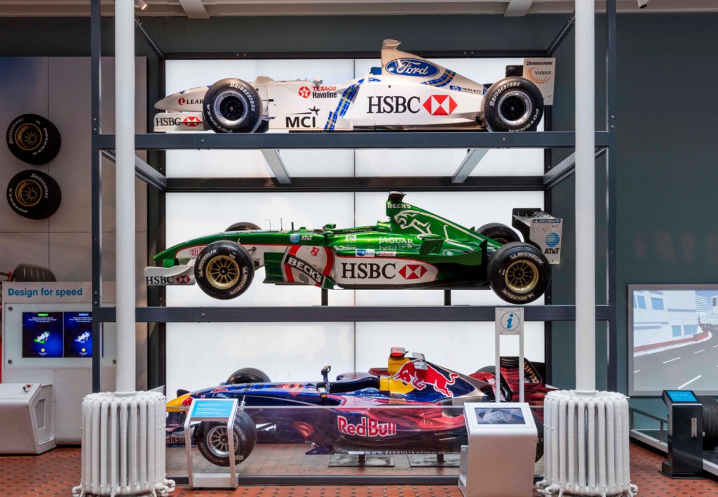 Formular 1 motor racing cars on display in the Science and Technology Galleries at the National Museum Scotland