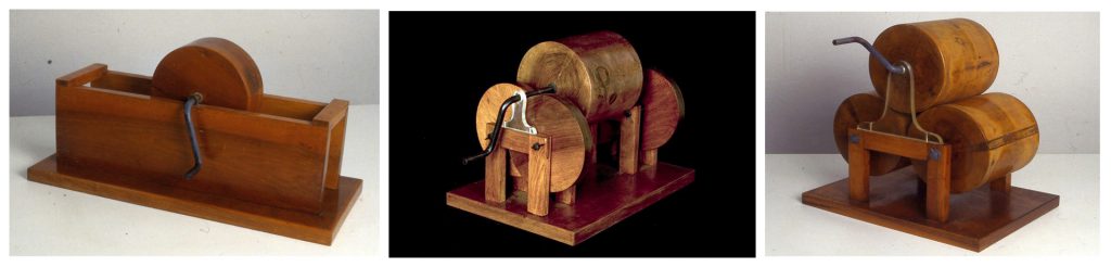 Triptych showing three of the wooden models from designs by da vinci on display in the science museum