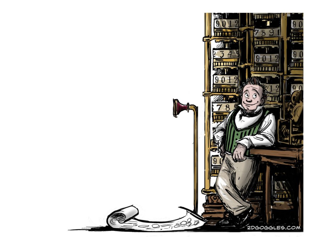 Colour pen and ink comic illustration of Charles Babbage with differential machine