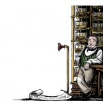 Colour pen and ink comic illustration of Charles Babbage with differential machine