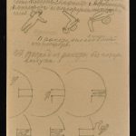 Pencil drawing with notes in Russian of an astronaut exiting a space module in zero gravity