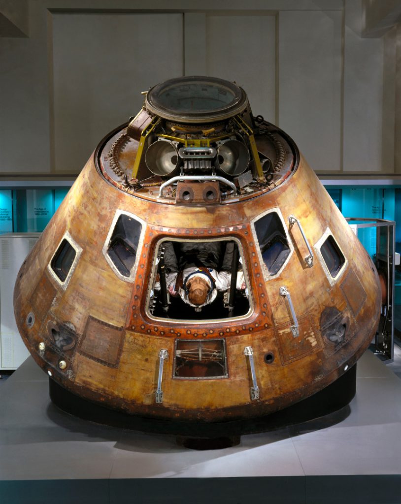Colour photograph of the Apollo 10 command module on display in the Science Museum London