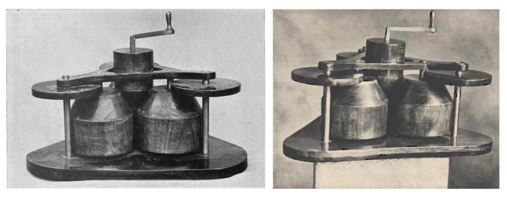 An illustration and a black and white photograph of one of Castrinis models