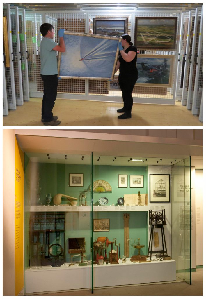 Colour photographs of artwork in storage and hanging in a museum gallery
