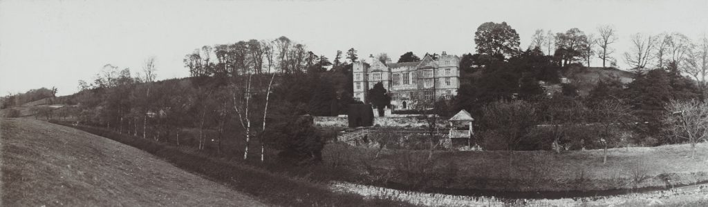 Panoramic black and white photograph of Fountains Hall and surrounding land in North Yorkshire