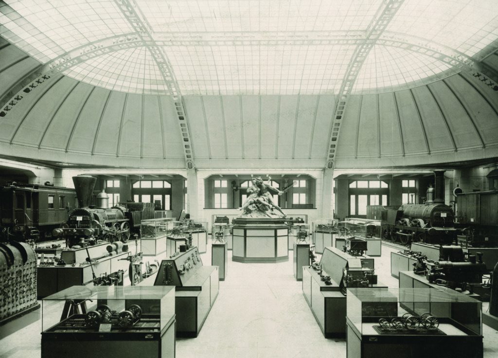 Black and white photograph of the interior of an historic railway museum