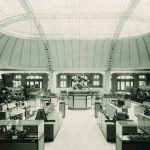 Black and white photograph of the interior of an historic railway museum