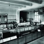 Black and white photograph of a past gallery exhibition within a technical museum