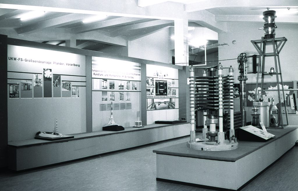 Black and white photograph of an exhibition celebrating forty years of an Austrian national broadcaster