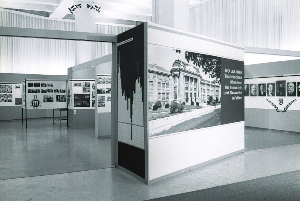 Black and white photograph of an exhibition celebrating fifty years of the Technical Museum in Vienna