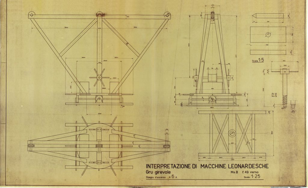 Technical drawing in ink for a model of a rotating crane