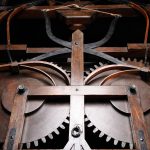 Colour photograph of the detailed workings of a wooden model of a self propelled car
