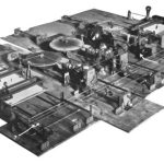 Black and white photograph of a differential analyser meccano model built in 1934