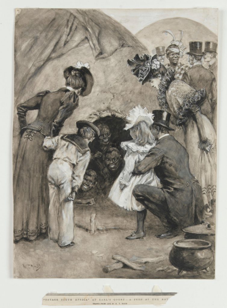 Illustration of a Victorian audience viewing the Savage South Africa Native Village at the 1899 Greater Britain Exhibition