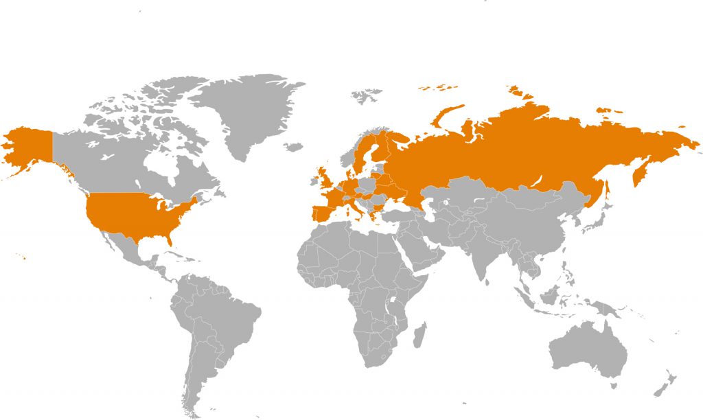 Illustration of global land mass with specific countries highlighted
