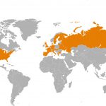 Illustration of global land mass with specific countries highlighted