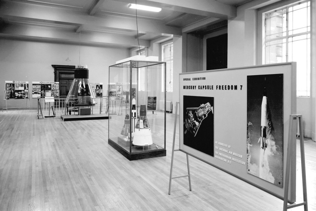 Black and white photograph of the Display of Space Conquest exhibition at the Science Museum