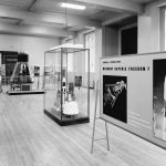 Black and white photograph of the Display of Space Conquest exhibition at the Science Museum