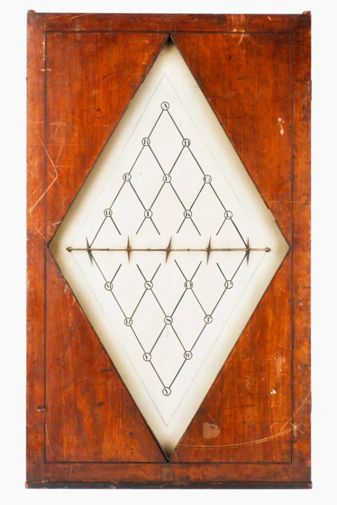 Colour photograph of Wheatstones Hatchment Dial which is set in wood organized in a diamond shape and marked with twenty letters