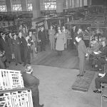 Black and white photograph from the nineteen fifties of Parliamentary Secretary Richard Thompson giving a speech at the opening ceremony of the radio guided tour