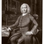 A mezzotint portrait of John Harrison from 1768 with calligraphic writing at the base relating to his interests and achievements