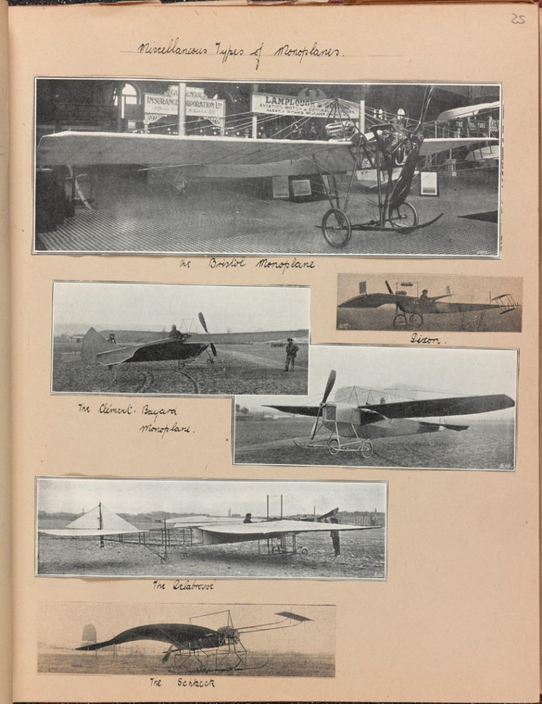 Page from a scrap book showing paper cuttings of different types of early 20th century monoplanes