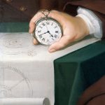 Part of an oil painting portrait of John Harrison showing a close up view of his hand holding his marine chronometer