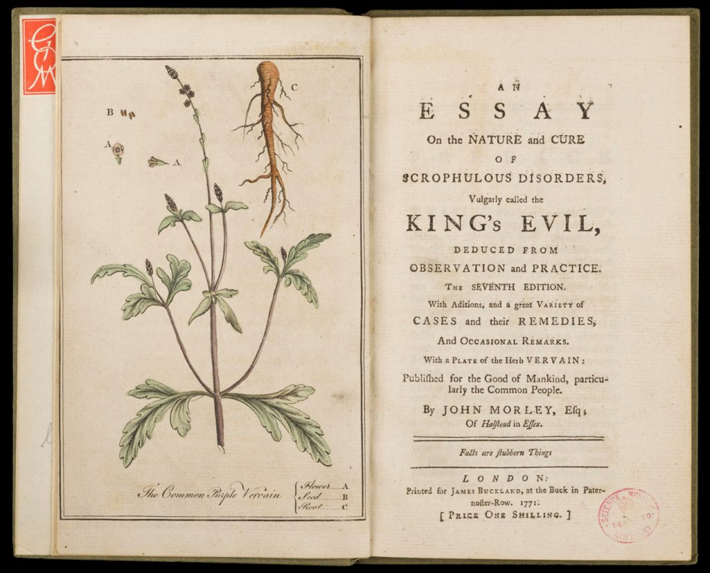 Colour photograph of the title page and plate insert of an Essay of the Nature and Cure of Scrophulous Disorders