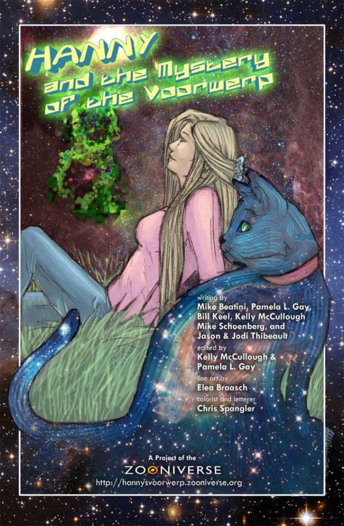 A girl and her cat look to the stars in this illustration on the front cover of the comic book Hanny and the mystery of the voorwerp