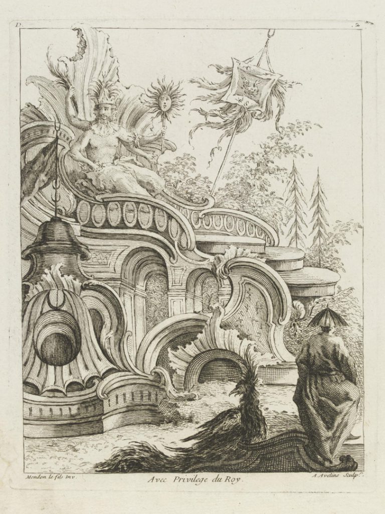 One of seven plates from a suite of rococo designs showing a man on an elaborate throne