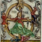 Hand coloured wood cut depicting the lady Fortuna with her wheel