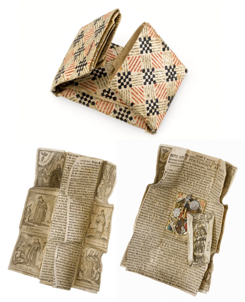 Colour photograph of a breverl composite amulet in various stages of unfolding