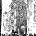 Black and white pen and ink drawing of a street scene showing telephone wires high above the buildings from 1883