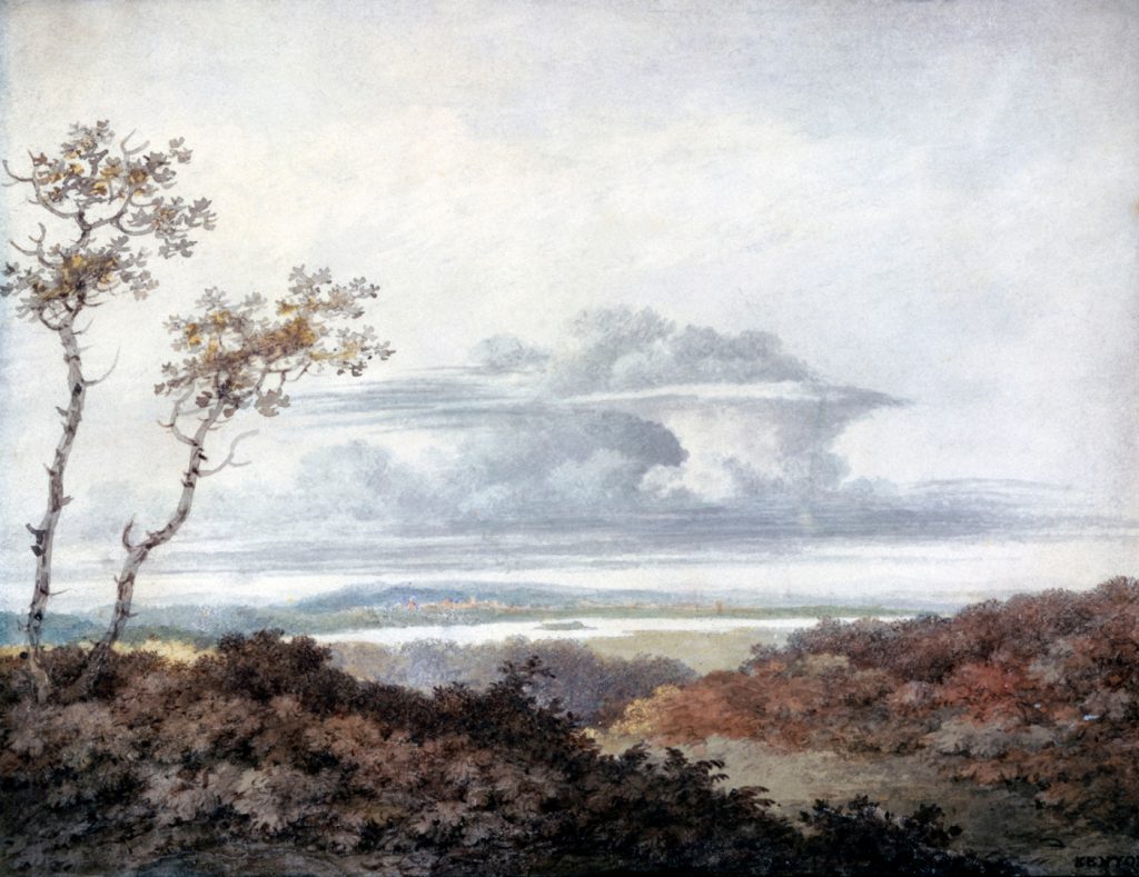 Watercolour painting of a rural landscape with a large cloud formation overhead