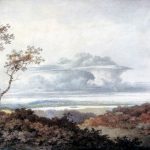 Watercolour painting of a rural landscape with a large cloud formation overhead