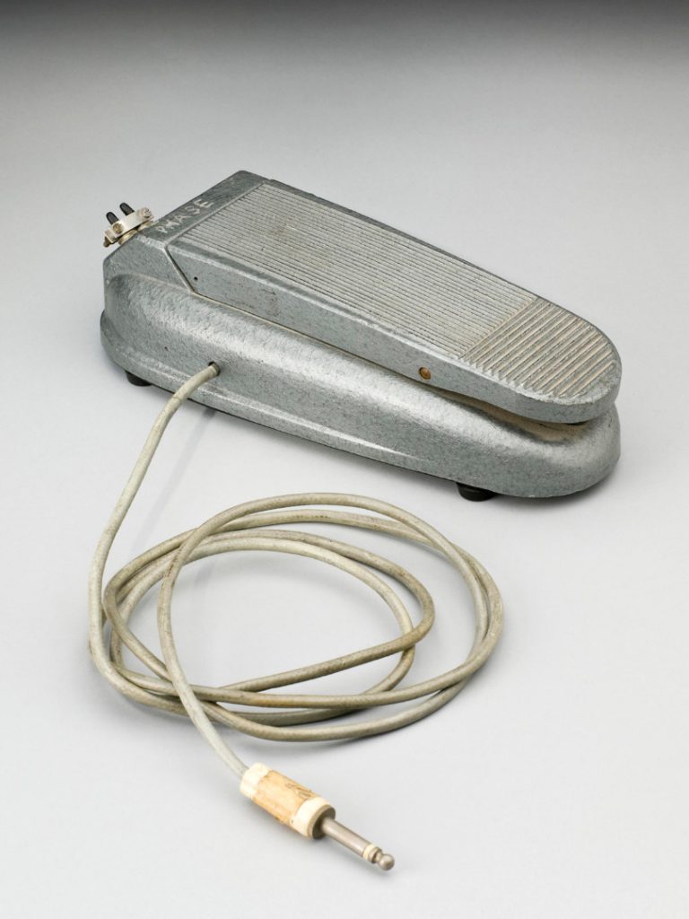 Volume control pedal by Framus modified for Hugh Davies to incorporate fuzz distortion and phase shifting circuitry and further modified by Davies to operate via switch as a volume control