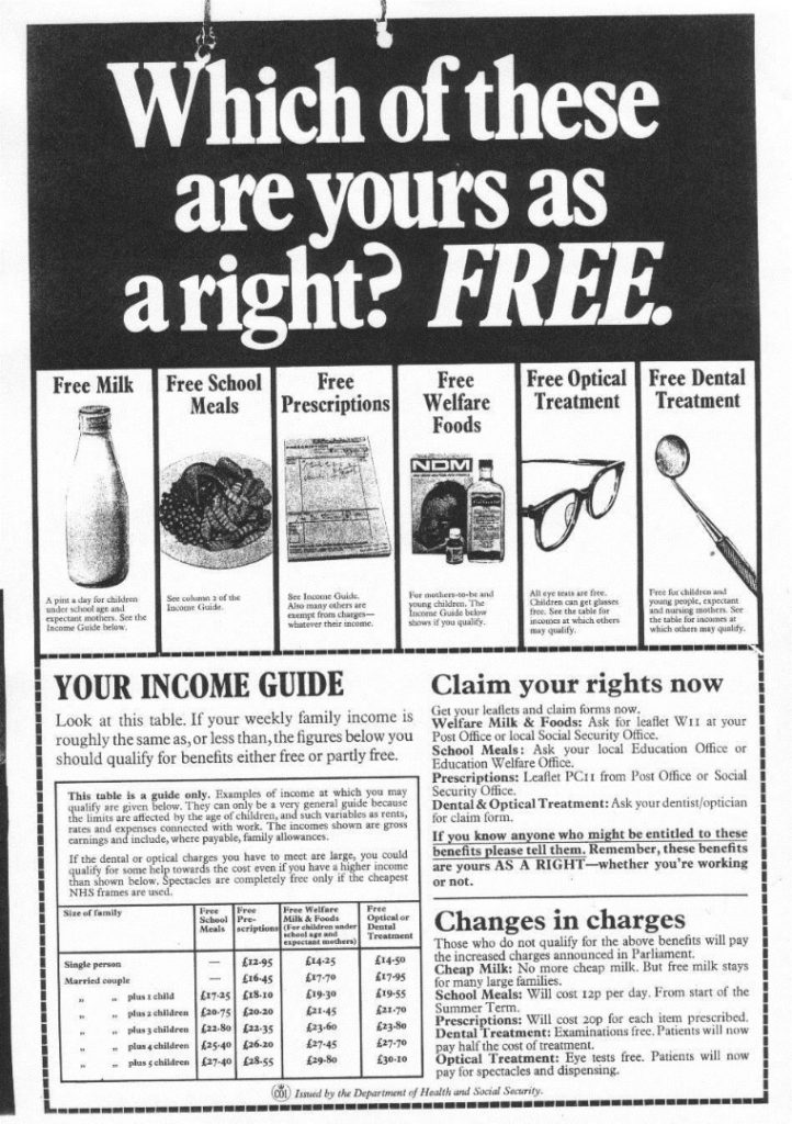 1971 Poster produced by the Labour Government informing of items that are free to the public on the NHS
