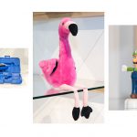 Colour photographs of a melodica instrument a stuffed flamingo toy and Super Mario figures