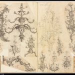 Photograph of scrapbook page spread showing fragments of printed designs of rococo woodworking