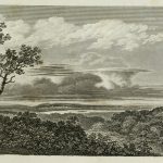 Engraving of a rural landscape with a large cloud formation overhead