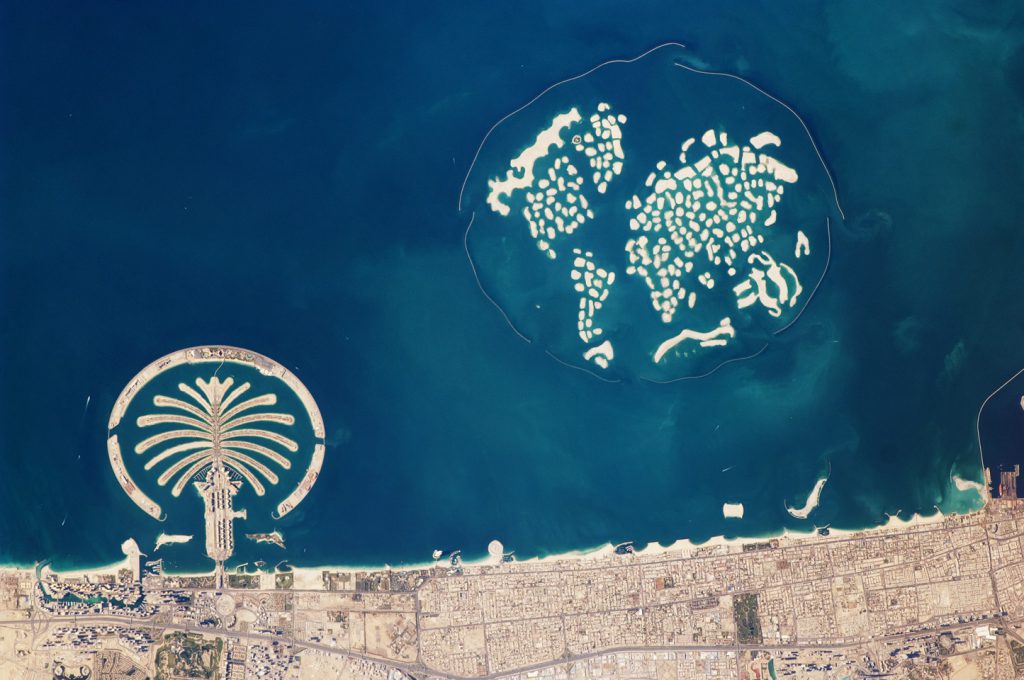 Colour photograph taken from space of the artificial archipelagos created off the coast of Dubai