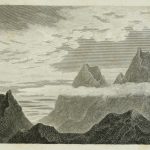 Engraving of a cloud formation over mountains