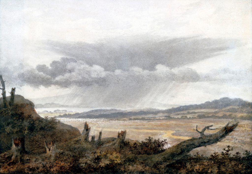Watercolour painting of a rural landscape with a large cloud formation overhead