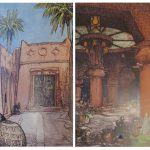 Painted illustrations of the interior of a Gold Coast walled city