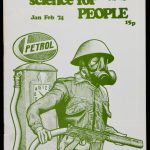 Cover of Science for People magazime showing pen and ink illustration of a soldier carrying a gun attached by hose to a petrol pump