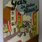 Leaflet showing a cartoon depiction of gas ovens walking their way through a town