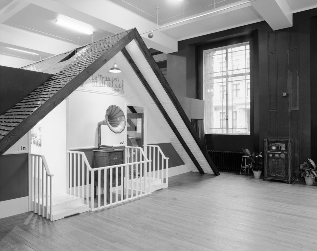 Black and white photograph of the entrance to the Trumpet Shall Sound phonograph exhibition at the Science Museum London