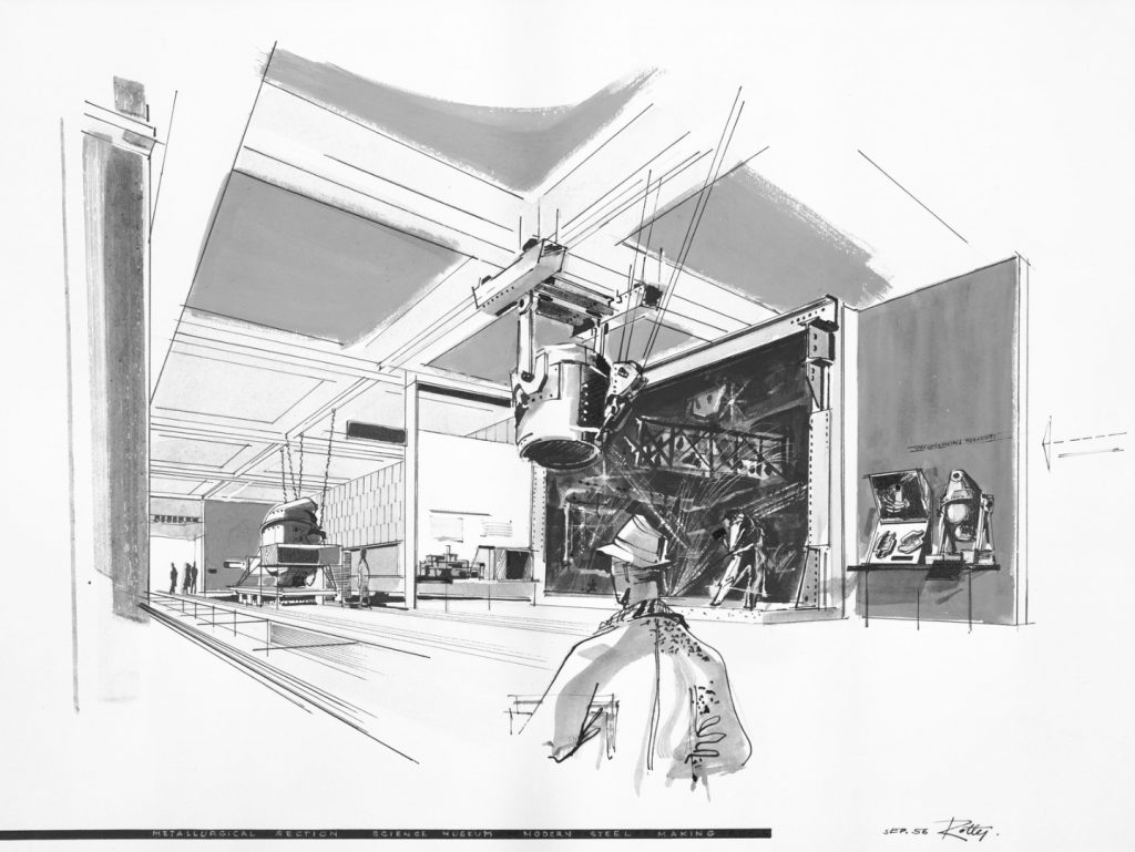 Artists impression of the iron and steel gallery constructed in the nineteen fifties at the Science Museum London